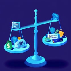 A digital scale with icons representing global payment giants on one side and smaller, mid-sized payment companies on the other, symbolizing balance in the payments ecosystem.