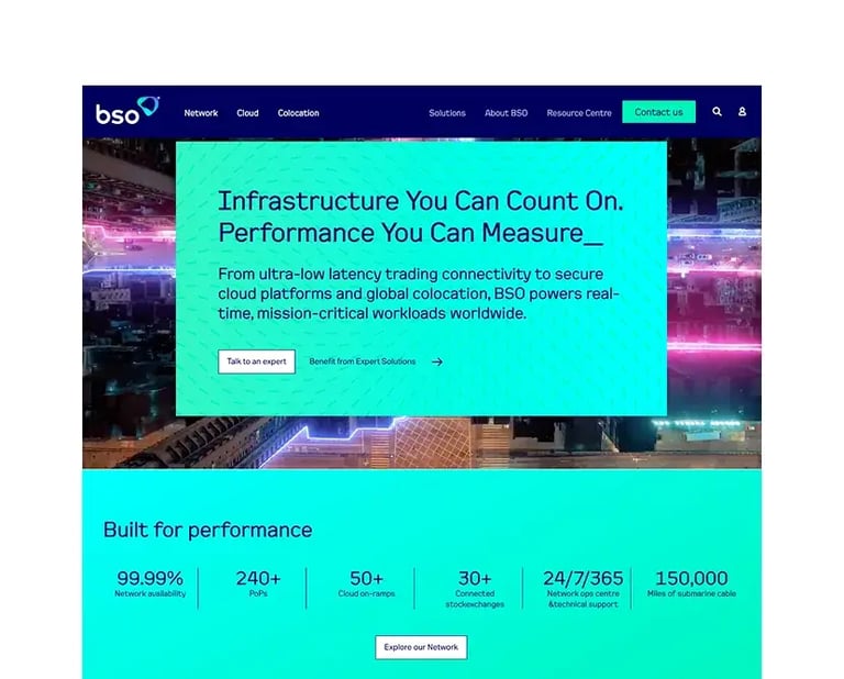 BSO network infrastructure website homepage featuring low-latency cloud connectivity solutions.