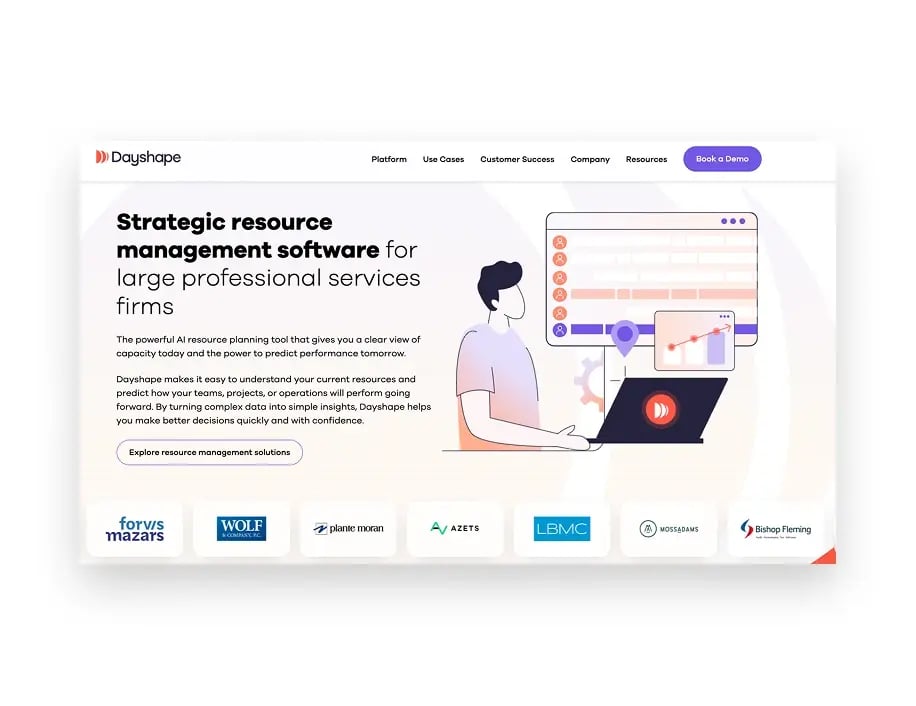 Dayshape resource management software website homepage featuring AI planning tools.