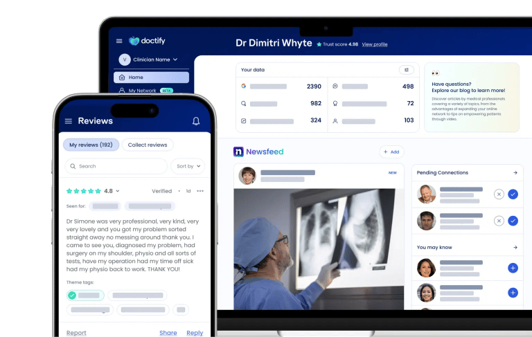Doctify healthtech platform dashboard showing patient feedback and lead analytics.