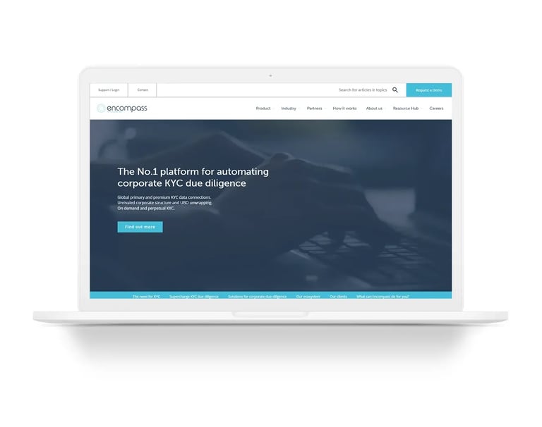 Encompass RegTech platform website homepage featuring corporate KYC automation solutions.