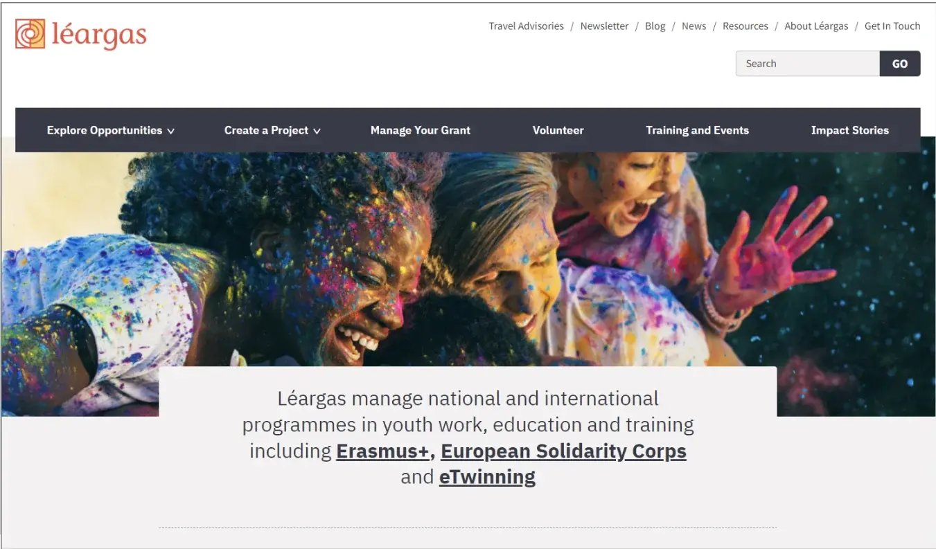 Léargas non-profit website homepage featuring international youth exchange programs.