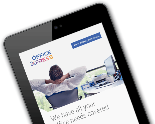 Office Xpress digital brochure displayed on tablet featuring office supplies and IT services.