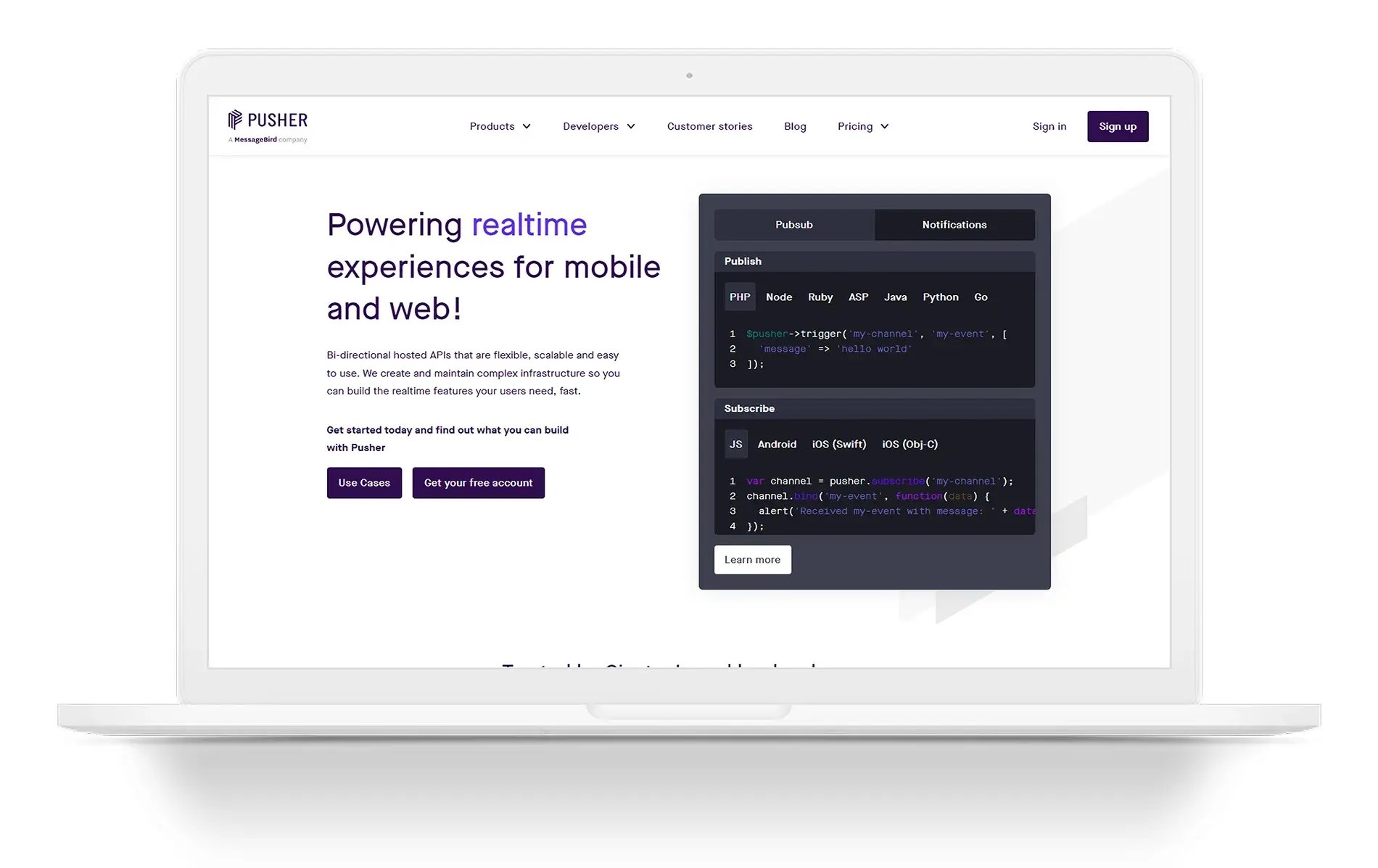 Pusher developer platform homepage featuring realtime API code snippets.