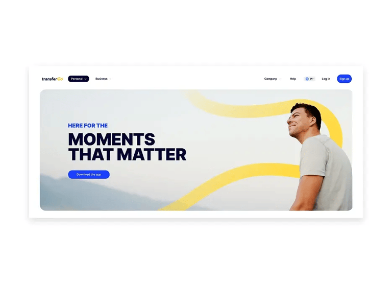 TransferGo digital money transfer platform homepage showing customer value proposition.